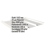 Trapezblech 45/333, Weißaluminium, mit eingeblendeten Eckdaten zu Material, Stärke, Beschichtung und Maßen