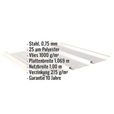 Trapezblech 45/333, Grauweiß RAL 9002, mit eingeblendeten Eckdaten zu Material, Stärke und Beschichtung