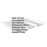 Trapezblech 45/333, Weißaluminium, mit eingeblendeten Eckdaten zu Material, Stärke und Beschichtung