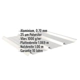 Trapezblech 45/333, Weißaluminium, mit eingeblendeten Eckdaten zu Material, Beschichtung und Massen