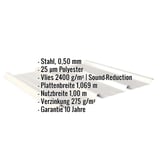 Trapezblech 45/333 Grauweiß mit eingeblendeten Eckdaten zu Material, Stärke, Beschichtung und Maßen