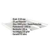 Trapezblech 45/333, Weißaluminium RAL 9006, mit eingeblendeten Eckdaten zu Material, Stärke und Beschichtung