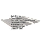 Trapezblech 45/333 Graualuminium mit eingeblendeten Eckdaten: Stahl 0,50 mm, 25 µm Polyester, Vlies 2400 g/m²