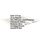 Trapezblech 45/333, Stahl 0,75 mm, Grauweiß, mit eingeblendeten technischen Daten und Vliesbeschichtung