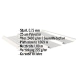 Trapezblech 45/333 in Weißaluminium mit eingeblendeten Eckdaten zu Material, Stärke, Beschichtung und Maßen