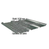 Trapezblech 45/333 Moosgrün, Stahl 0,50 mm, Puramid 60 µm, Vlies 2400 g/m², mit eingeblendeten Eckdaten