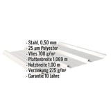 Trapezblech 45/333 in Weißaluminium mit eingeblendeten Eckdaten zu Material, Beschichtung und Maßen