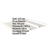 Trapezblech 45/333 Grauweiß mit eingeblendeten Eckdaten zu Material, Stärke, Beschichtung und Maßen