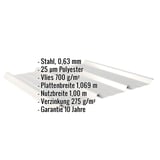 Trapezblech 45/333 in Weißaluminium, Stahl 0,63 mm, mit eingeblendeten Eckdaten und Beschichtungsdetails