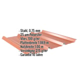 Trapezblech 45/333 kupferbraun, Stahl 0,75 mm mit Anti-Tropf-Vlies, Eckdaten eingeblendet