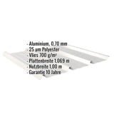 Trapezblech 45/333 Aluminium Weißaluminium mit eingeblendeten Eckdaten zu Material, Beschichtung und Massen