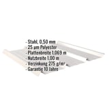 Trapezblech 45/333 in Lichtgrau, 0,50 mm Stahl, mit eingeblendeten technischen Daten
