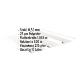 Trapezblech 45/333 Reinweiß, Stahl 0,50 mm, mit eingeblendeten Eckdaten zu Material und Maßen