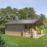 Trapezblech 45/333 Graualuminium als Dach auf einem Gartenhaus mit Terrasse