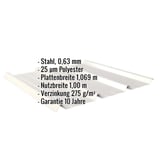 Trapezblech 45/333, Grauweiß, mit eingeblendeten Eckdaten zu Material, Stärke, Beschichtung und Maßen