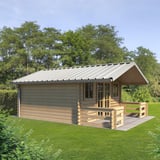 Trapezblech 45/333, Grauweiß, als Dacheindeckung auf einem Gartenhaus mit Veranda