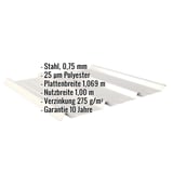 Trapezblech 45/333, Stahl 0,75 mm, Grauweiß RAL 9002 mit 25 µm Polyesterbeschichtung, Eckdaten eingeblendet