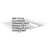 Trapezblech 45/333, Weißaluminium, mit eingeblendeten Eckdaten zu Material, Beschichtung und Massen