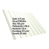 Trapezblech T18DR Infografik mit Eckdaten: Stahl 0,75 mm, 50 µm PURLAK, Vlies 700 g/m², Plattenbreite 1,138 m