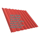 Trapezblech T18DR korallenrot, 0,50 mm Stahl, mit eingeblendeten Eckdaten zu Material und Massen