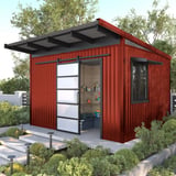 Gartenschuppen mit korallenroter T18DR Trapezblech-Wandverkleidung und dunklem Dach