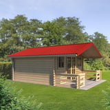 Gartenhaus mit Vordach, gedeckt mit korallenrotem T18DR Trapezblech, 0,50 mm Stahl