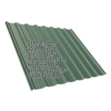 Trapezblech T18DR moosgrün, 0,50 mm Stahl, mit eingeblendeten Eckdaten zu Material und Massen