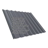 Trapezblech T18DR Graphitgrau RAL 7024 mit eingeblendeten Eckdaten wie Stahl 0,50 mm, 25 µm Polyester, Vlies 700 g/m²