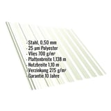 Trapezblech T18DR Grauweiß (RAL 9002) mit eingeblendeten Eckdaten zu Material, Stärke und Beschichtung
