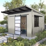 Gartenschuppen mit Dach aus Trapezblech T18DR Grauweiß (RAL 9002) und passender Wandverkleidung