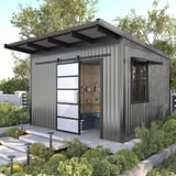 Trapezblech T18DR Dach Weißaluminium auf einem Gartenhaus mit schwarzer Fassade