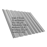 Trapezblech T18DR Graualuminium, 0,50 mm, mit eingeblendeten Eckdaten zu Material, Beschichtung und Massen