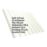 Trapezblech T18DR, Grauweiß, mit eingeblendeten Eckdaten zu Material, Stärke, Beschichtung und Garantie