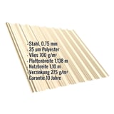 Trapezblech T18DR Hellelfenbein RAL 1015 mit eingeblendeten Eckdaten zu Material, Staerke und Beschichtung