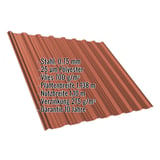 Trapezblech T18DR kupferbraun, 0,75 mm Stahl, Polyesterbeschichtung, mit eingeblendeten Produktdaten