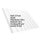 Trapezblech T18DR Aluzink 0,75 mm mit eingeblendeten technischen Daten und Garantiehinweis