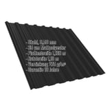 Trapezblech T18DR Dach, schwarz, 0,50 mm, mit eingeblendeten Eckdaten zu Material und Beschichtung