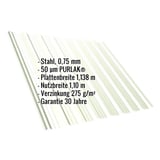 Trapezblech T18DR, Stahl 0,75 mm, Grauweiß RAL 9002, mit PURLAK® Beschichtung und Eckdaten-Einblendung