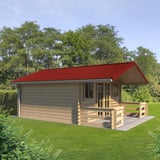 Holzhaus mit Vordach aus Trapezblech T18DR kirschrot und weisser Dachrinne