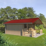 Trapezblech T18DR Kirschrot als Dacheindeckung auf einem Gartenhaus