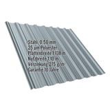 Trapezblech T18DR Fehgrau, 0,50 mm Stahl, mit eingeblendeten Eckdaten zu Material und Garantie