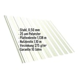 Trapezblech T18DR, Grauweiß RAL 9002, mit eingeblendeten Eckdaten zu Material, Stärke und Garantie