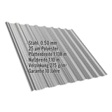 Trapezblech T18DR Graualuminium 0,50 mm mit eingeblendeten Eckdaten zu Material, Staerke und Abmessungen