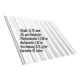 Trapezblech T18DR Lichtgrau mit eingeblendeten Eckdaten zu Material, Staerke und Beschichtung
