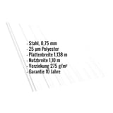 Trapezblech T18DR Dach, Reinweiß, mit eingeblendeten Eckdaten zu Material, Beschichtung und Garantie