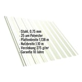 Trapezblech T18DR Dach Grauweiß mit eingeblendeten technischen Daten und Garantiehinweis