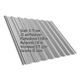 Trapezblech T18DR Graualuminium, 0,75 mm Stahl mit 25 µm Polyesterbeschichtung, Eckdaten eingeblendet