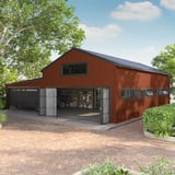 Trapezblech T18DR Ziegelrot als Wandverkleidung einer großen Garage mit Falttoren