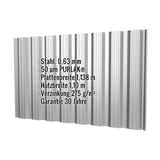 Trapezblech T18DR Weißaluminium, 0,63 mm, mit PURLAK® Beschichtung und eingeblendeten Eckdaten