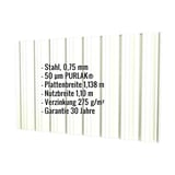 Trapezblech T18DR Wand, Grauweiß RAL 9002, mit eingeblendeten Eckdaten zu Material und Maßen